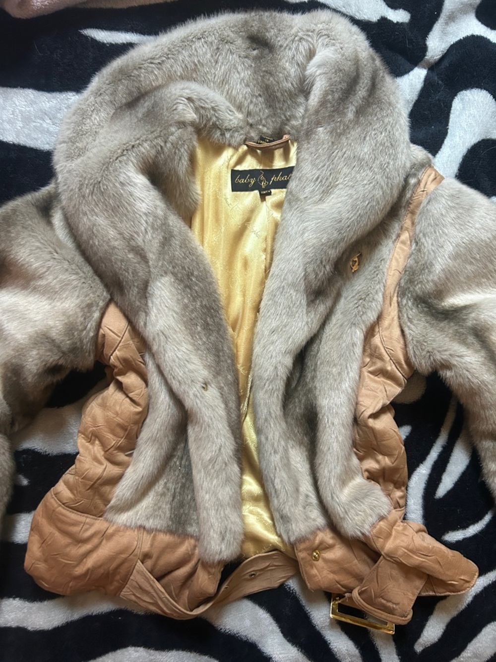 Baby Phat Fur Trim Quilted Coat with Camel Accents